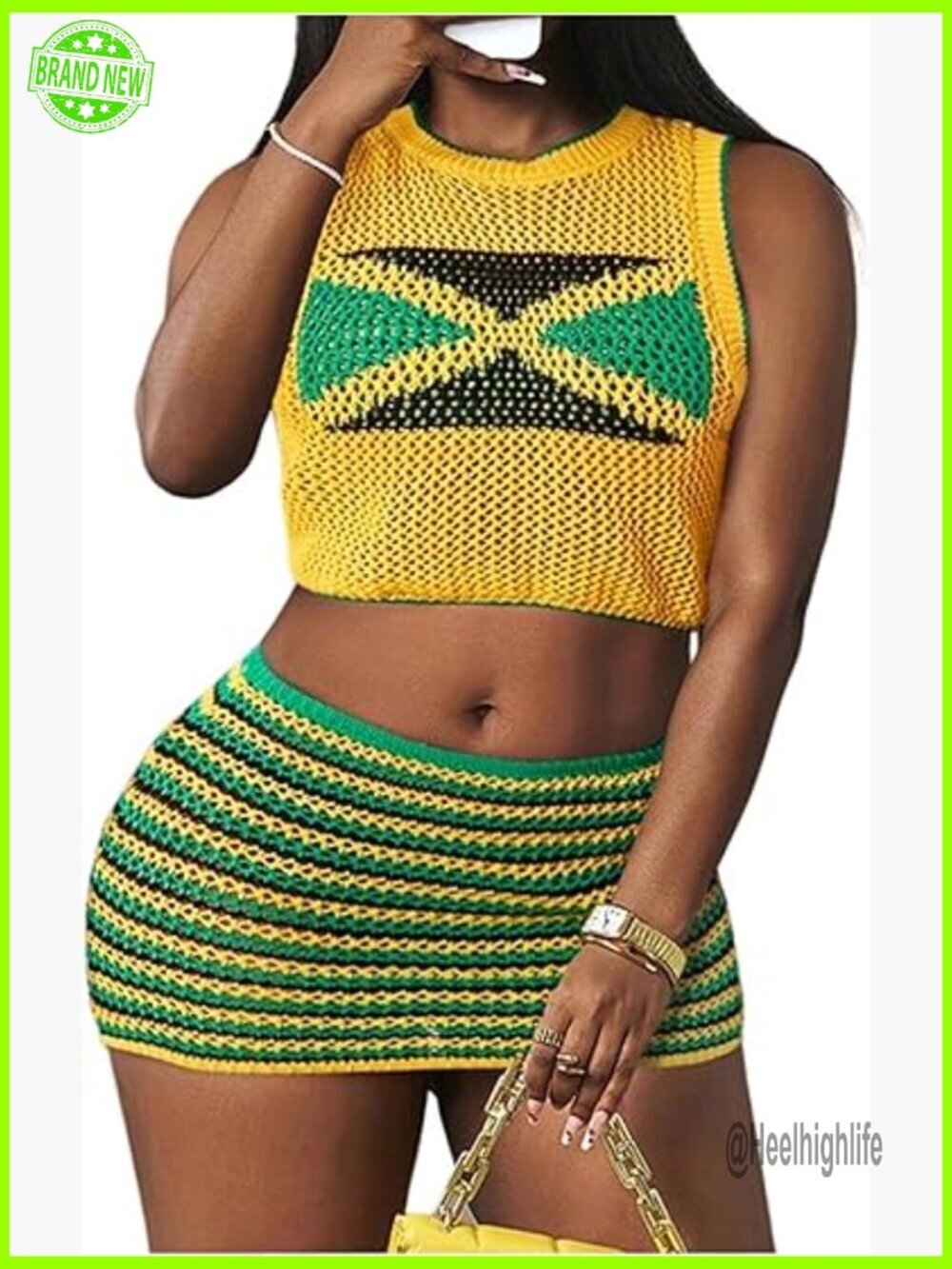 Crochet Skirt Set 2-Piece Star Print Crop Top Bodycon Skirt Small